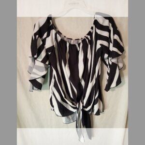 (Q) Woman's Georgette Off the Shoulder Tie Front Blouse 2X  Black / White Stripe